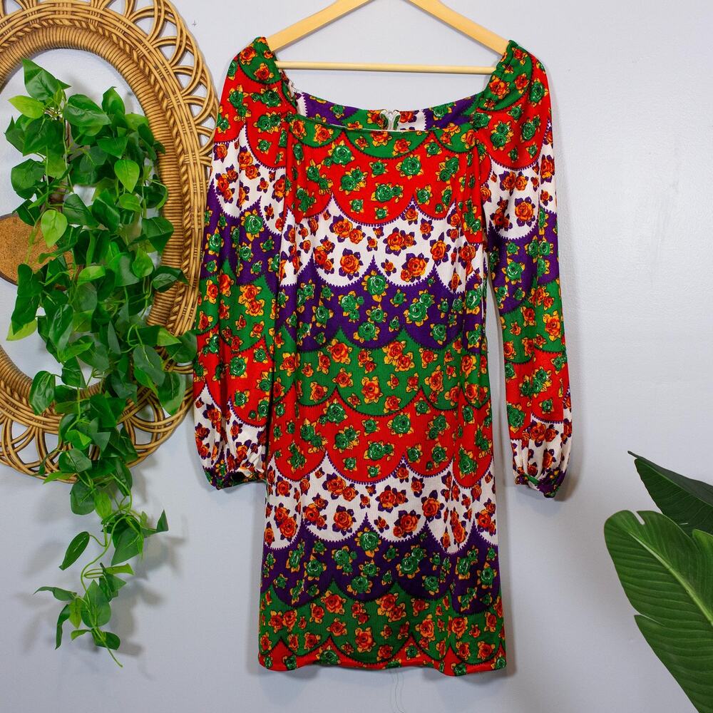 Vtg Floral Scallop Print Puff Sleeve Mini Dress 70s Lanz Original Bright Spring